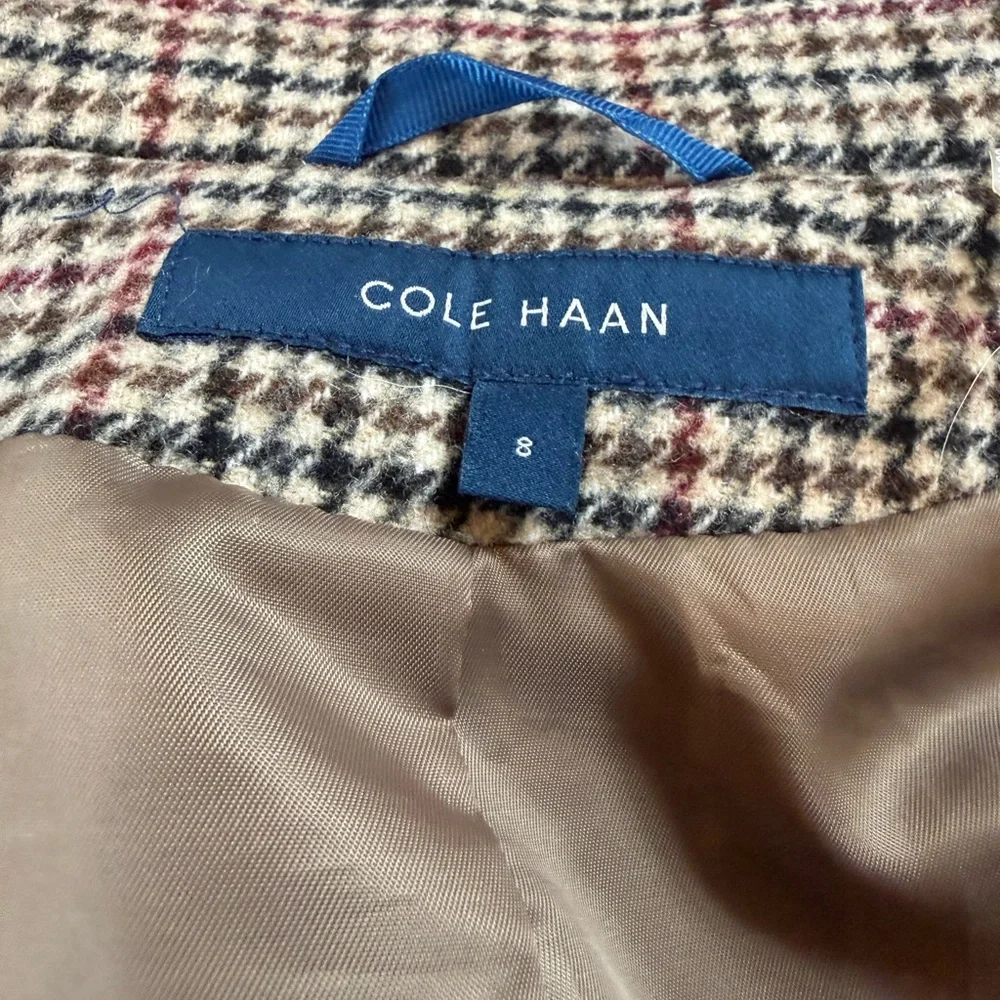 COLE HAAN Plaid Wool Coat with Blue/Maroon/Tan Accents - Size 8 - Picture 5 of 6
